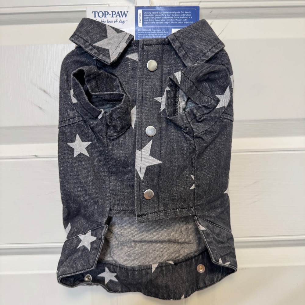 Top Paw Dog Denim Jacket Small Black Star Print Western Pet Apparel Rocker